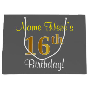 Elegant, Grey, Faux Gold 16th Birthday + Name Large Gift Bag