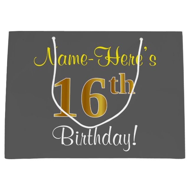 Elegant, Grey, Faux Gold 16th Birthday + Name Large Gift Bag (Front)