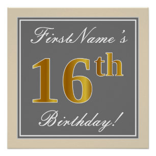 Elegant, Grey, Faux Gold 16th Birthday + Name Poster