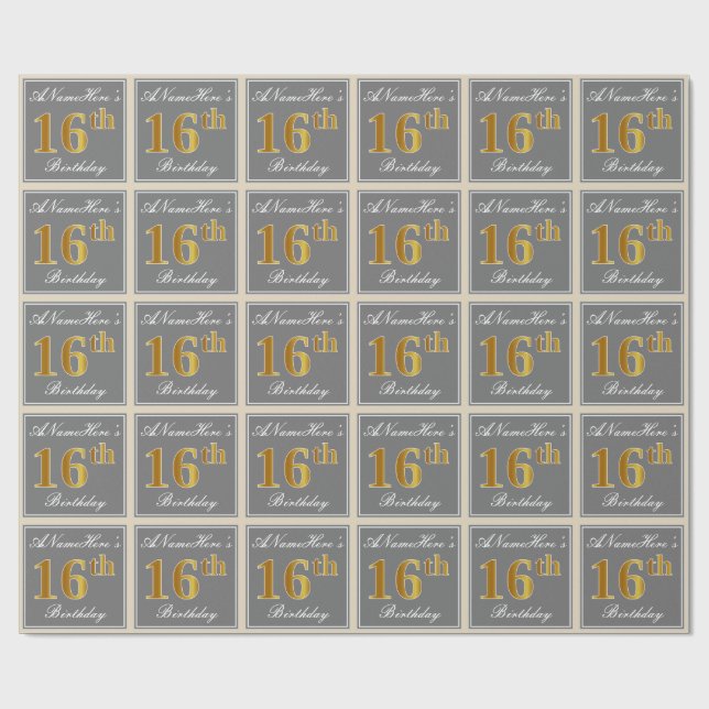Elegant, Grey, Faux Gold 16th Birthday + Name Wrapping Paper (Flat)
