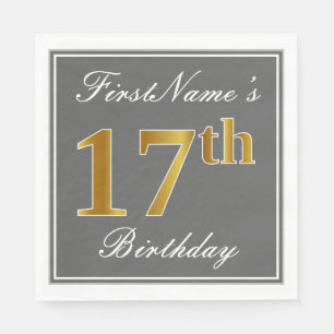 Elegant Grey, Faux Gold 17th Birthday; Custom Name Napkin