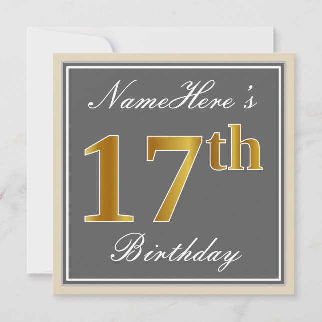 Elegant, Grey, Faux Gold 17th Birthday + Name Invitation (Front)
