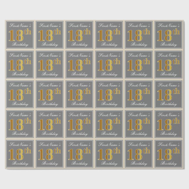 Elegant, Grey, Faux Gold 18th Birthday + Name Wrapping Paper (Flat)