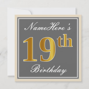 Elegant, Grey, Faux Gold 19th Birthday + Name Invitation