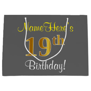 Elegant, Grey, Faux Gold 19th Birthday + Name Large Gift Bag