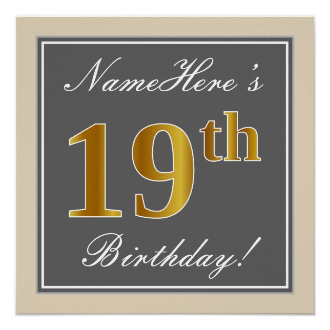 Elegant, Grey, Faux Gold 19th Birthday + Name Poster (Front)