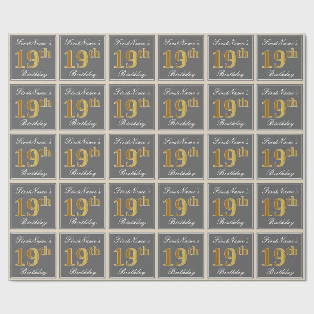 Elegant, Grey, Faux Gold 19th Birthday + Name Wrapping Paper (Flat)