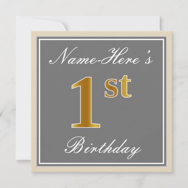 Elegant, Grey, Faux Gold 1st Birthday; Custom Name Invitation (Front)