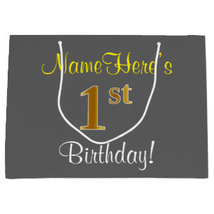 Elegant, Grey, Faux Gold 1st Birthday; Custom Name Large Gift Bag