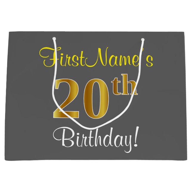 Elegant, Grey, Faux Gold 20th Birthday + Name Large Gift Bag (Front)