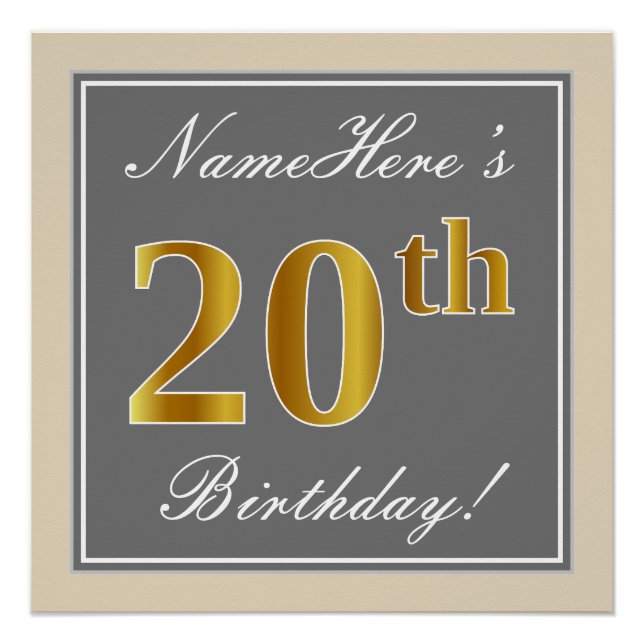 Elegant, Grey, Faux Gold 20th Birthday + Name Poster (Front)