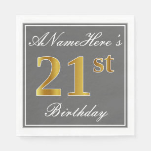 Elegant Grey, Faux Gold 21st Birthday; Custom Name Napkin