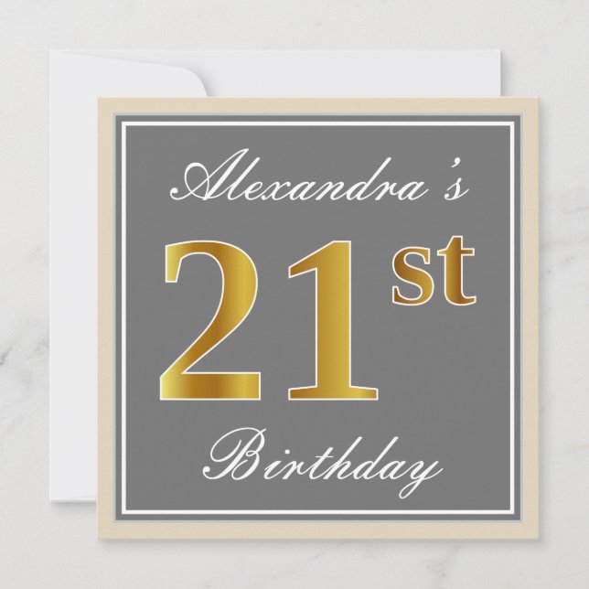 Elegant, Grey, Faux Gold 21st Birthday + Name Invitation (Front)