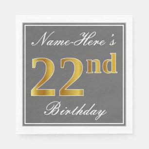 Elegant Grey, Faux Gold 22nd Birthday; Custom Name Napkin