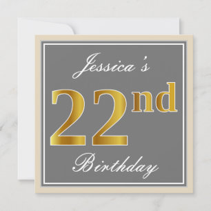 Elegant, Grey, Faux Gold 22nd Birthday + Name Invitation