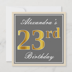 Elegant, Grey, Faux Gold 23rd Birthday + Name Invitation