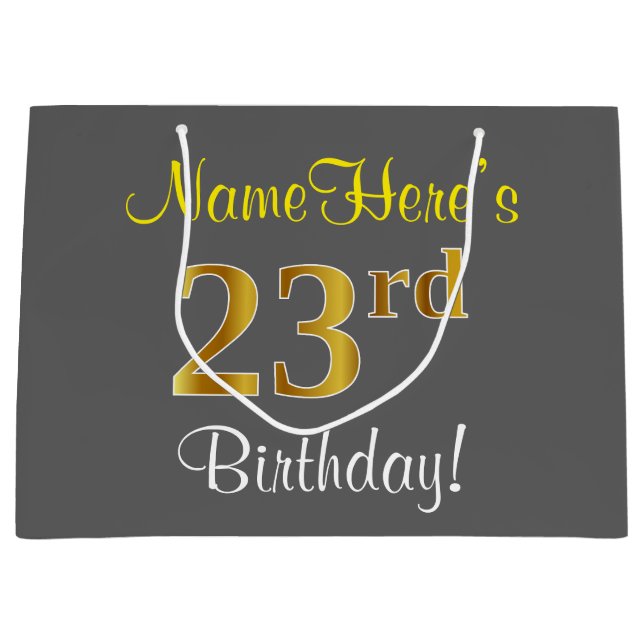 Elegant, Grey, Faux Gold 23rd Birthday + Name Large Gift Bag (Front)