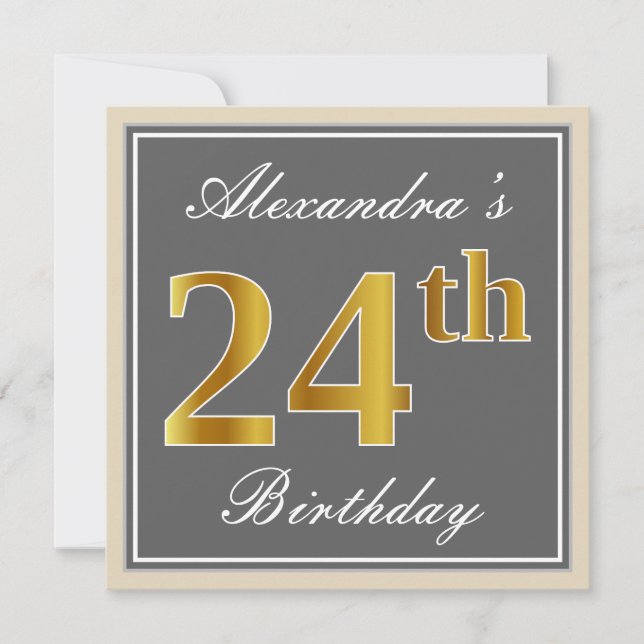 Elegant, Grey, Faux Gold 24th Birthday + Name Invitation (Front)