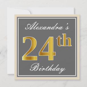 Elegant, Grey, Faux Gold 24th Birthday + Name Invitation