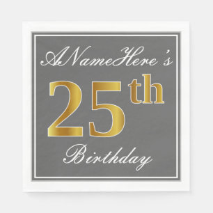 Elegant Grey, Faux Gold 25th Birthday; Custom Name Napkin