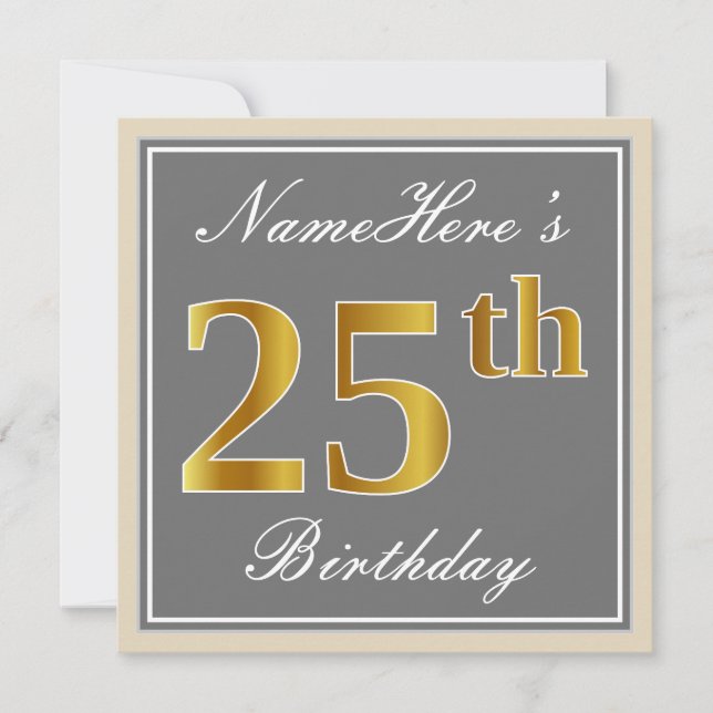 Elegant, Grey, Faux Gold 25th Birthday + Name Invitation (Front)