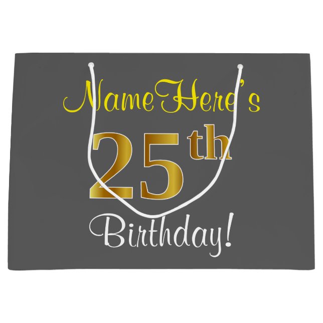 Elegant, Grey, Faux Gold 25th Birthday + Name Large Gift Bag (Front)