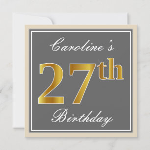 Elegant, Grey, Faux Gold 27th Birthday + Name Invitation