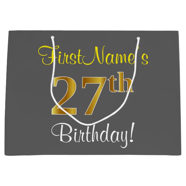 Elegant, Grey, Faux Gold 27th Birthday + Name Large Gift Bag (Front)