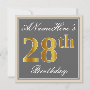 Elegant, Grey, Faux Gold 28th Birthday + Name Invitation
