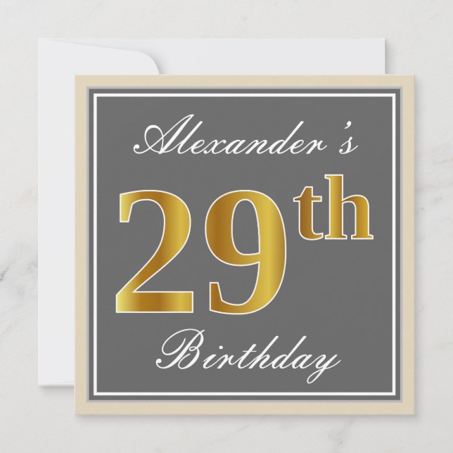 Elegant, Grey, Faux Gold 29th Birthday + Name Invitation (Front)