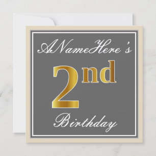 Elegant, Grey, Faux Gold 2nd Birthday; Custom Name Invitation