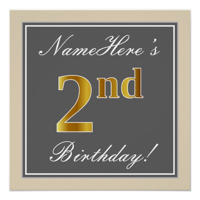 Elegant, Grey, Faux Gold 2nd Birthday; Custom Name Poster (Front)