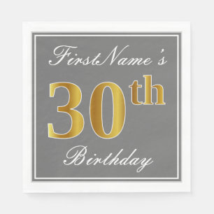 Elegant Grey, Faux Gold 30th Birthday; Custom Name Napkin