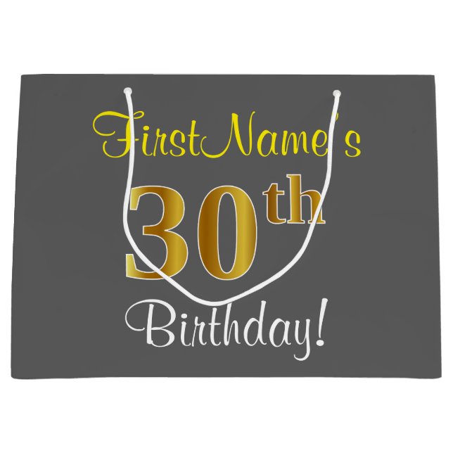 Elegant, Grey, Faux Gold 30th Birthday + Name Large Gift Bag (Front)