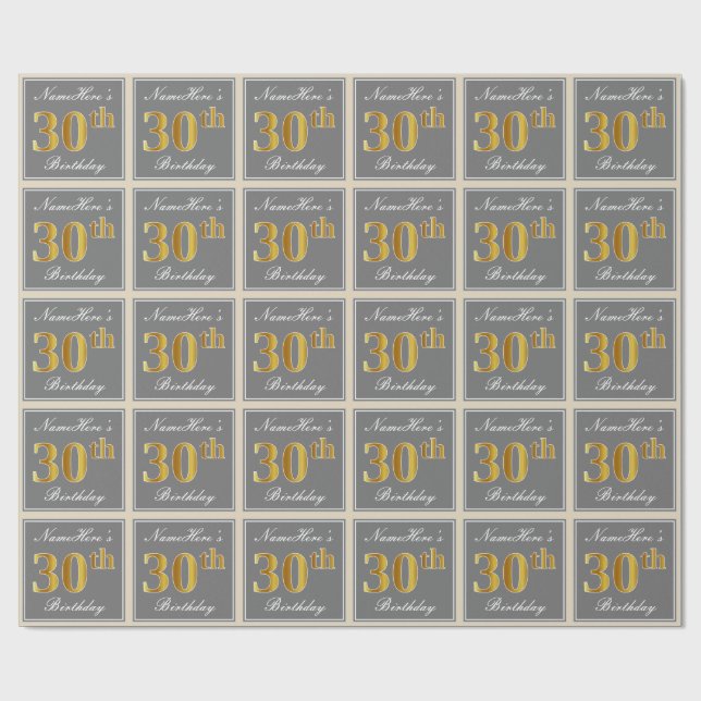 Elegant, Grey, Faux Gold 30th Birthday + Name Wrapping Paper (Flat)