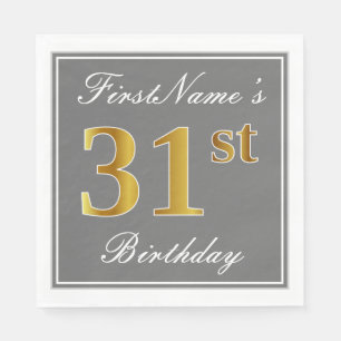 Elegant Grey, Faux Gold 31st Birthday; Custom Name Napkin