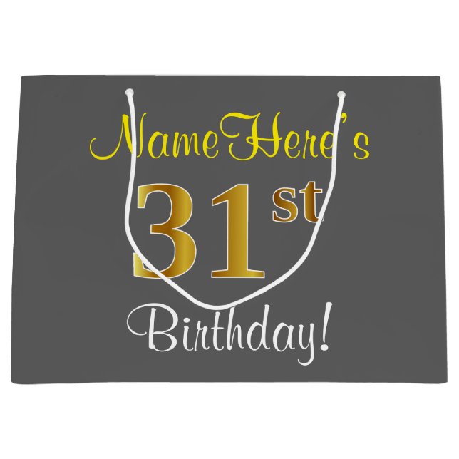 Elegant, Grey, Faux Gold 31st Birthday + Name Large Gift Bag (Front)