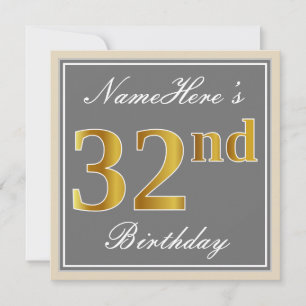 Elegant, Grey, Faux Gold 32nd Birthday + Name Invitation