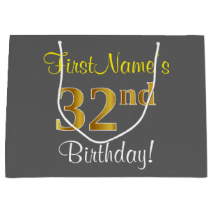 Elegant, Grey, Faux Gold 32nd Birthday + Name Large Gift Bag