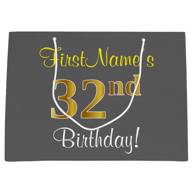 Elegant, Grey, Faux Gold 32nd Birthday + Name Large Gift Bag (Front)