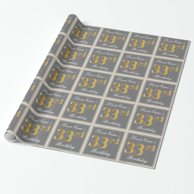 Elegant, Grey, Faux Gold 33rd Birthday + Name Wrapping Paper (Unrolled)