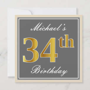 Elegant, Grey, Faux Gold 34th Birthday + Name Invitation