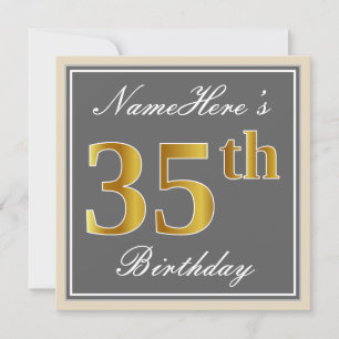 Elegant, Grey, Faux Gold 35th Birthday + Name Invitation