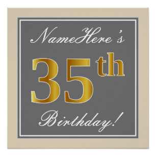 Elegant, Grey, Faux Gold 35th Birthday + Name Poster