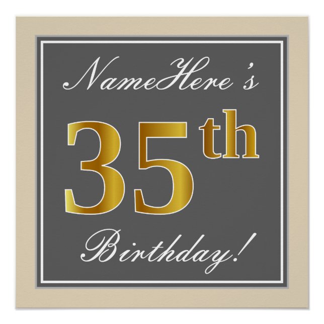 Elegant, Grey, Faux Gold 35th Birthday + Name Poster (Front)