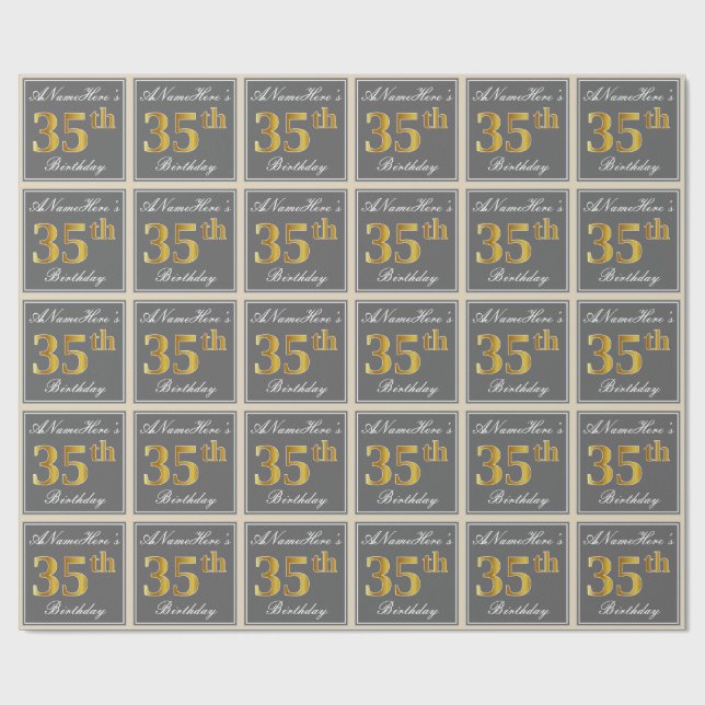 Elegant, Grey, Faux Gold 35th Birthday + Name Wrapping Paper (Flat)