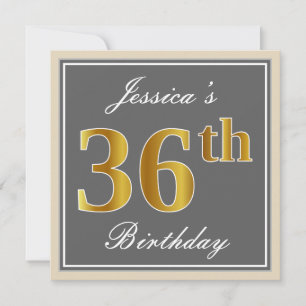 Elegant, Grey, Faux Gold 36th Birthday + Name Invitation