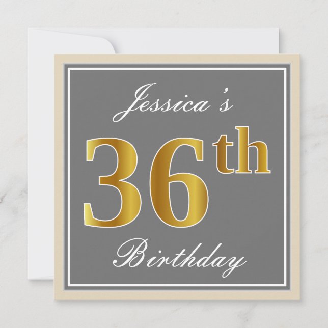 Elegant, Grey, Faux Gold 36th Birthday + Name Invitation (Front)