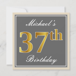 Elegant, Grey, Faux Gold 37th Birthday + Name Invitation