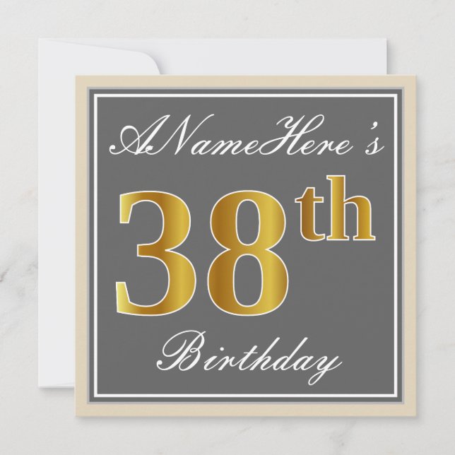 Elegant, Grey, Faux Gold 38th Birthday + Name Invitation (Front)